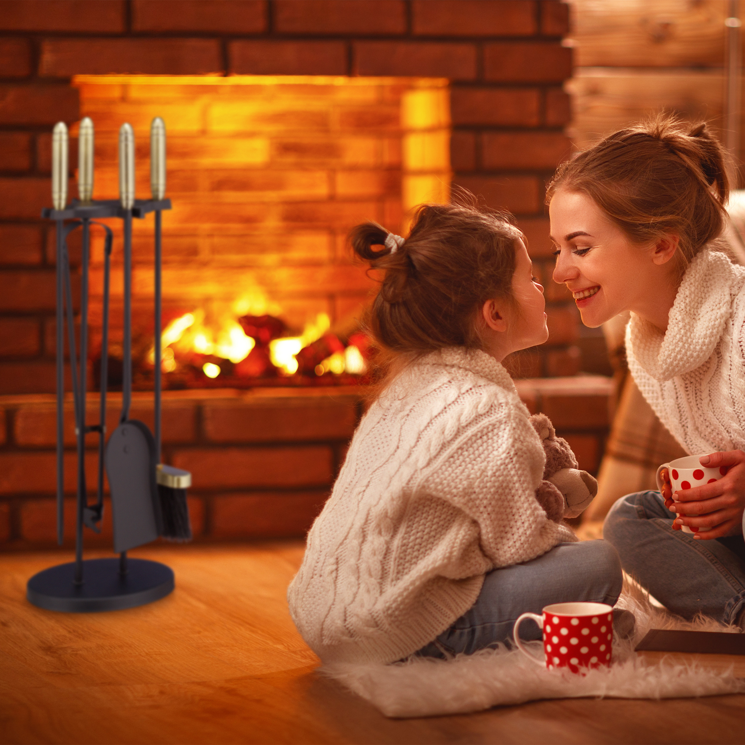 Kaminbesteck 5-teilig Kaminzange Haken Kaminbesen Ascheschaufel Messing