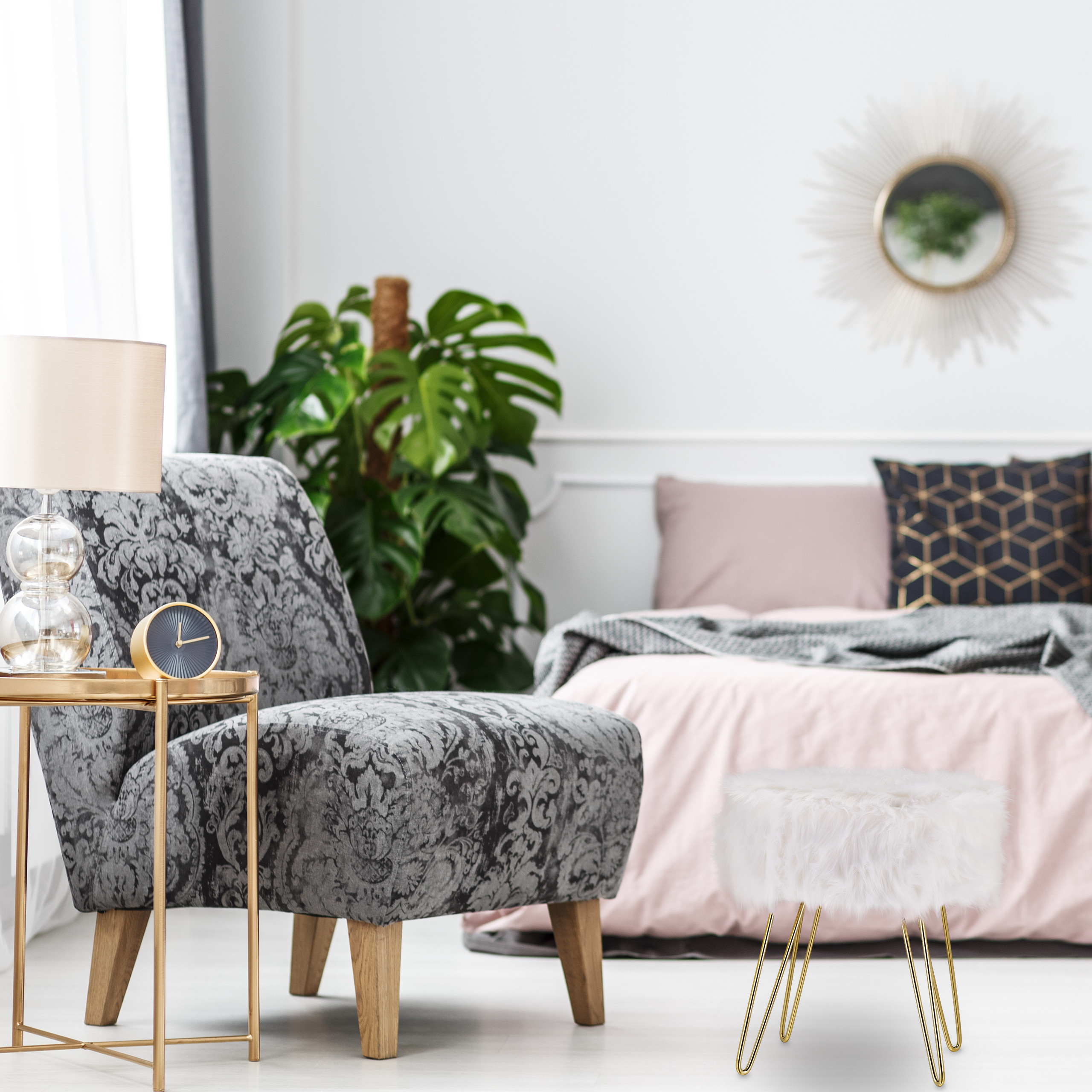 Fellhocker Kunstfell weiß Schminktischhocker Sitzhocker Dekohocker