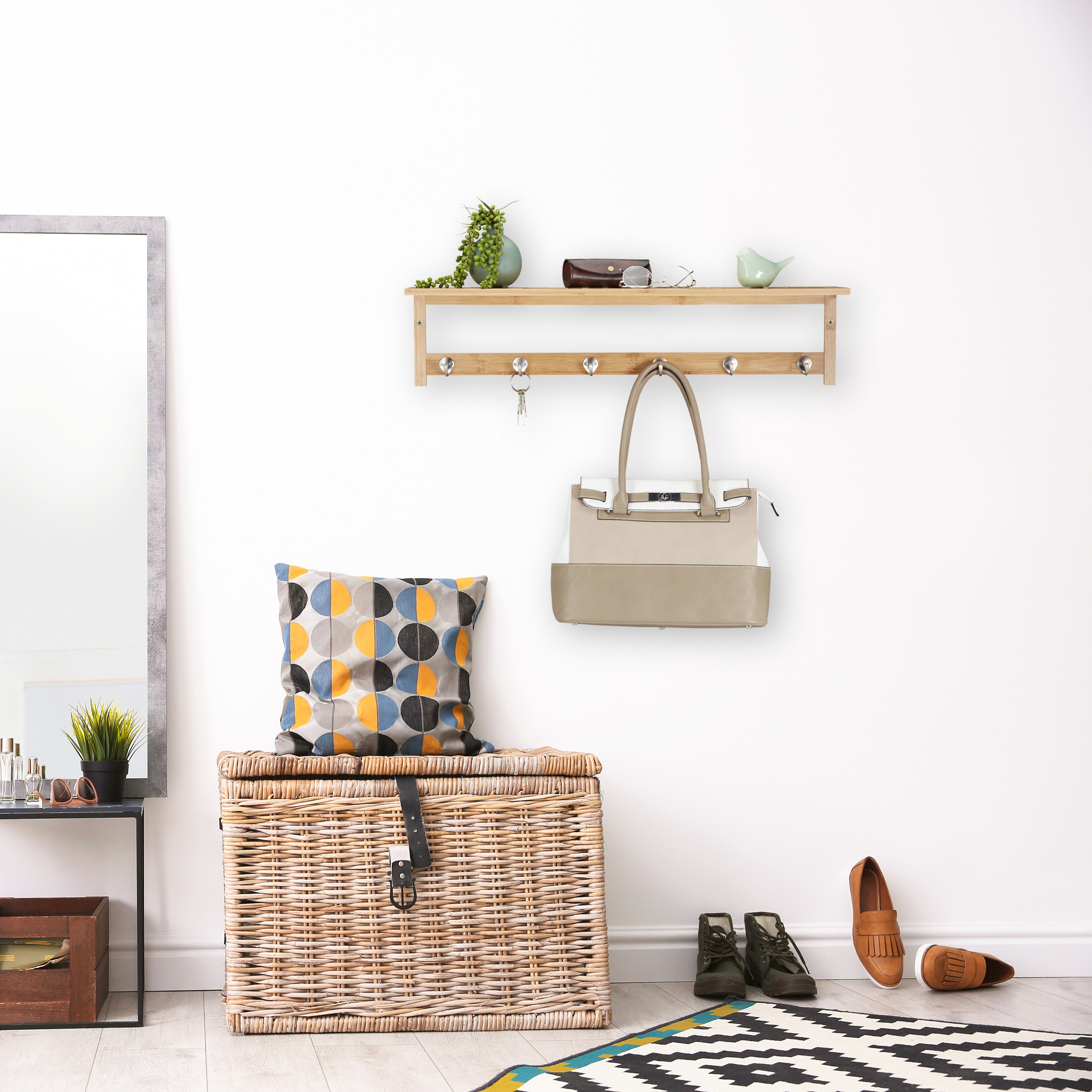 Wandhandtuchhalter Bambus, Wandgarderobe mit Ablage, Wandregal